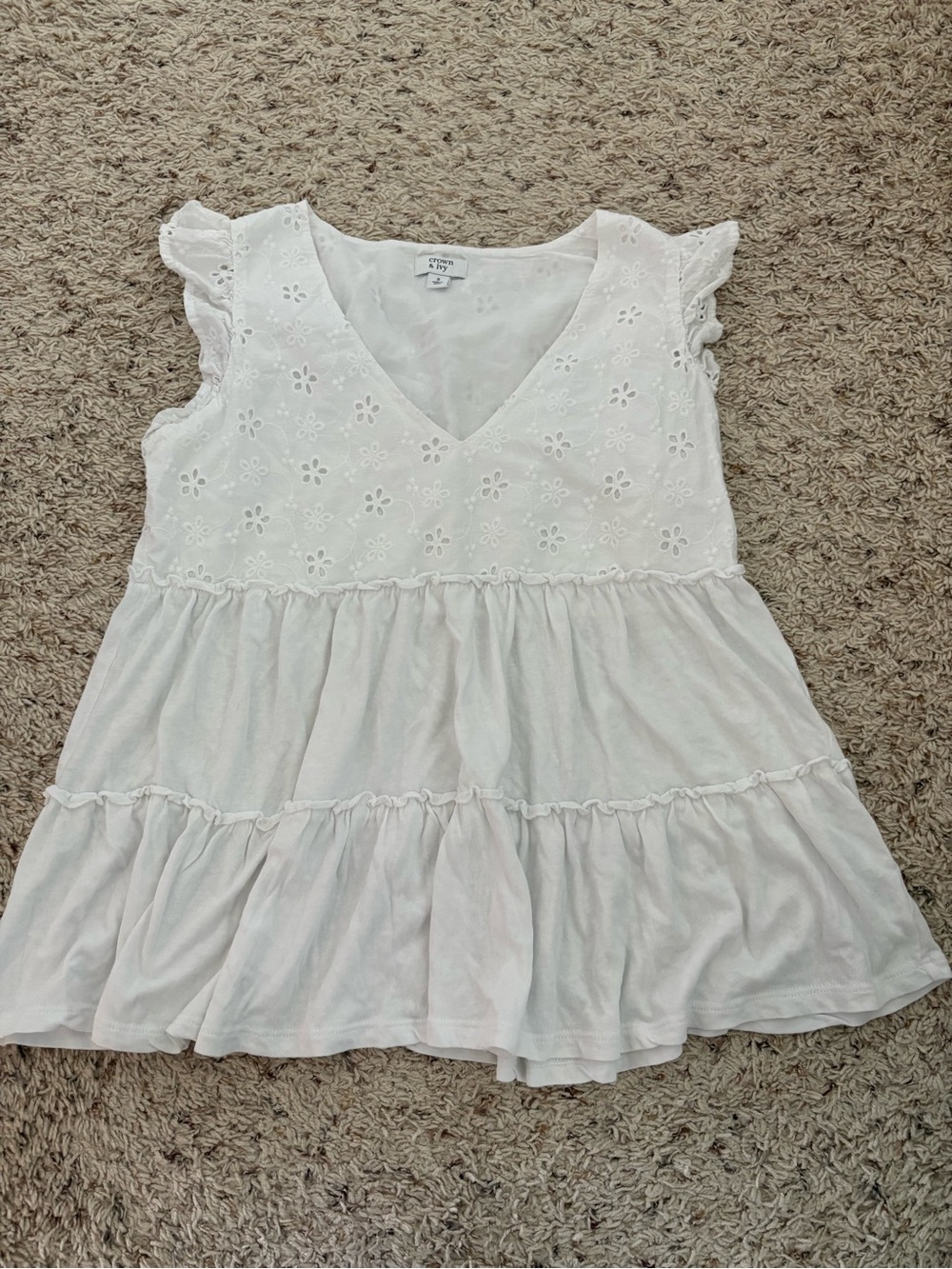 Crown & Ivy White eyelet babydoll top with small floral embroidery, size